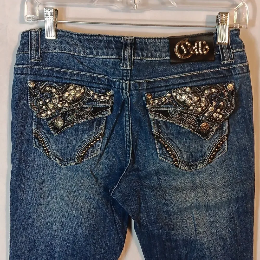Cello Embellished Flap Pockets Stretch Denim Low Rise Jeans